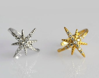 Sterling silver star ear cuff no piercing, Gold cartilage ear cuff earrings, Dainty starburst non pierced ear wrap