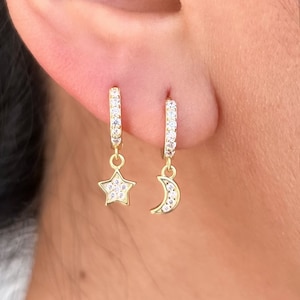 Mismatched Moon and Star Hoop Earring Set • Gold Huggie Hoop Earrings • Small Silver Moon Hoop Earrings