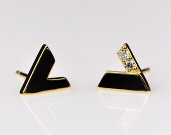 Dainty Black V Stud Earrings • Small Gold Stud Earrings • Minimalist Sterling Silver Triangle Earrings