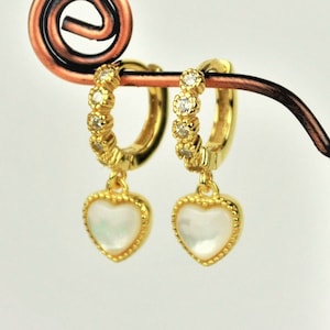 Sterling Silver Heart Huggie Hoop Earrings • Small Gold Shell Heart Hoop Earrings
