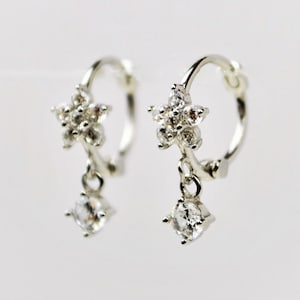 Tiny Cubic Zirconia Flower Huggie Hoop Earrings • Sterling Silver Helix Hoop Earrings • Dainty Dangle Cartilage Hoop