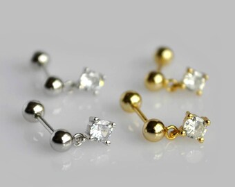 Sterling silver screw back earrings, Dainty gold dangle bridal earrings, Minimalist rhinestone earrings