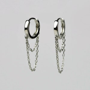 Sterling silver chain huggie hoop earrings, Minimalist double chain dangle earrings, Small mens steampunk hoop earrings