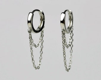 Sterling silver chain huggie hoop earrings, Minimalist double chain dangle earrings, Small mens steampunk hoop earrings