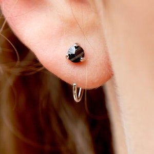 Small black CZ gemstone cartilage hoop earrings. Sterling silver open hoop for women. Geometric circle hoops unisex. Handmade Christmas gift