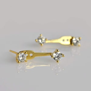 Dainty gold earring jackets, Minimalist cubic zirconia stud earrings, Sterling silver front back earrings, Gift for her