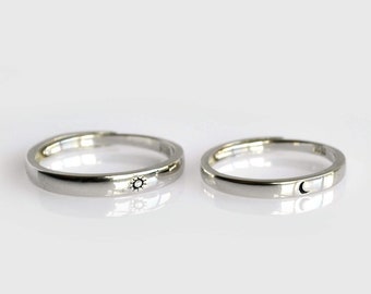 Bagues couple promesse soleil et lune, bagues assorties en argent sterling pour elle et lui, bagues de fiançailles minimalistes, bague réglable pour femme