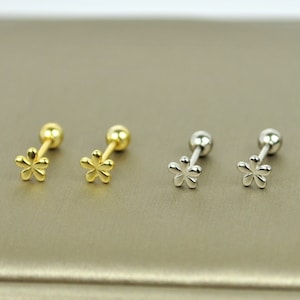 Screw Ball Back Flower Earring Set • Tiny Sterling Silver Cartilage Stud • Gold Conch Sleeper Earrings • Daisy Helix Earring