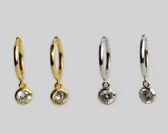 Small cubic zirconia charm huggie hoop earrings, Dainty sterling silver cartilage hoop, Tiny gold helix hoop earrings