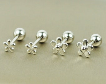 Screw Ball Back Flower Stud Earrings Set • Tiny Sterling Silver Cartilage Stud • Conch Sleeper Earrings • Daisy Helix Earring