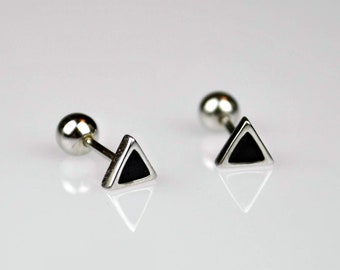 Front back triangle stud earrings, Minimalist sterling silver screw back earrings, Tiny double sided mens earrings, Small black stud earring