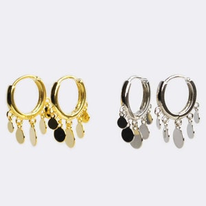 Coin charm huggie hoop earrings, Small hoop dangle earrings, Sterling silver hoop earrings, Tiny gold hoops