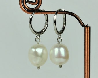 Baroque pearl hoop earrings. Real freshwater pearl hoop earrings