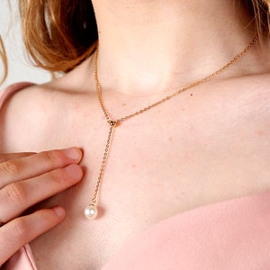 Freshwater pearl necklace on sterling silver Wedding necklace bridal jewellery Delicate stylish Y drop pearl anniversary gift Engagement