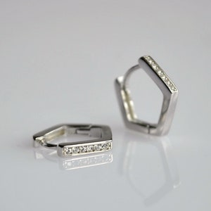 Sterling silver huggie hoop earrings. Small pentagon hoop earrings. Minimalist rhinestone earrings. Unique handmade hoop earrings