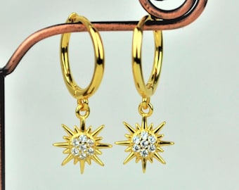 Sterling Silver Sun Huggie Hoop Earrings • Small Gold Sun Hoop Earrings • Celestial Huggies Hoops