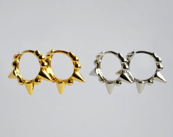 Spike huggie hoop earrings, Tiny sterling silver hoop, Small gold spike hoop earrings, Minimalist goth earrings, Punk earrings