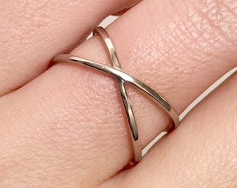 Cross X shape sterling silver stackable ring. Boho infinity ring for women. Adjustable open letter X ring. Handmade jewelry gift for her