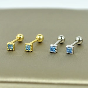 Tiny Blue Square Cartilage Stud Earrings • Sterling Silver Screw Ball Back Earrings • Second Hole Everyday Earrings • Gold Conch Earrings