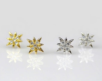 Sterling Silver Star Stud Earrings • Small Gold Stud Earrings • Unique Celestial Starburst Earrings