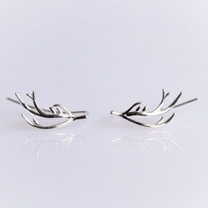 Deer Antler Ear Climber Earrings • Sterling Silver Christmas Ear Crawler • Statement Winter Ear Wrap Earrings