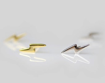 Tiny sterling silver lightning bolt stud earrings, Minimalist gold cartilage stud