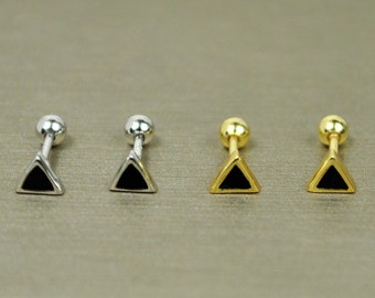 Screw ball back triangle stud earrings, Minimalist gold helix earrings, Sterling silver mens earrings, black conch sleeper earrings