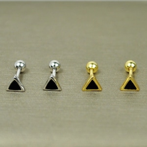 Screw ball back triangle stud earrings, Minimalist gold helix earrings, Sterling silver mens earrings, black conch sleeper earrings