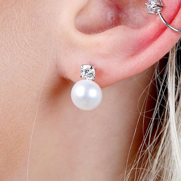 Bridal white freshwater pearl earrings. Dainty bridesmaid stud earrings. Sterling silver. June birthstone. Cubic zirconia gemstone earrings