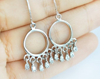 Sterling silver threader earrings, Long dangle bridal earrings, Dainty cubic zirconia boho chain earrings