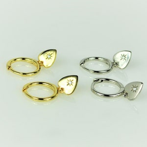Funky Heart Charm Huggie Hoop Earrings • Dainty Gold Plated Hoop Earrings • Small Silver Cartilage Hoop • Star Helix Hoop Earrings