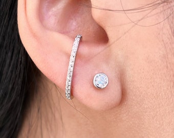 Sterling silver bar stud suspender earrings, Minimalist CZ double hook ear hangers