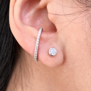 Sterling silver bar stud suspender earrings, Minimalist CZ double hook ear hangers