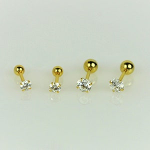 Gold Screw Back Stud Earrings Set • Tiny Ball Back Sleeper Earrings • Sterling Silver Diamond Conch Earring