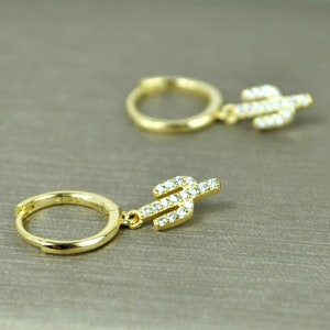 Gold Cactus Charm Hoop Earrings • Funky Sterling Silver Huggie Hoops • Small Plant Hoop Earrings •  Tiny Cartilage Hoop Earrings