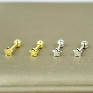 Kawaii Star Screw Ball Back Earrings • Tiny Gold Star Conch Stud Earring • 925 Sterling Silver Everyday Earrings • Celestial Helix Earring