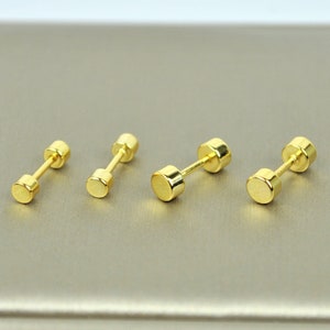 Gold Screw Back Earring Set • Sterling Silver Flat Back Cartilage Earring • Mens Black Goth Conch Earring •  Helix Sleeper Earrings