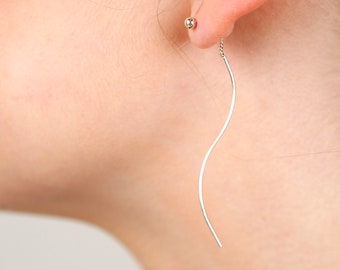 Sterling silver bar dangle drop threader earrings. Long silver chain earrings. Minimalist geometric line earrings. Boho earrings. Gift