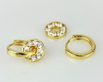 Gold charm huggie hoop earrings, Small hoop dangle earrings, Sterling silver hoop earrings