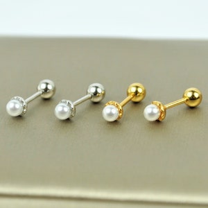 Screw Back Pearl Stud Edgy Earrings • Sterling Silver Sleeper Earrings