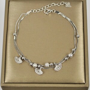 Sterling Silver Ginkgo Leaf Charm Bracelet • Dainty Box Chain Bracelet • Best Friend Friendship Bracelet