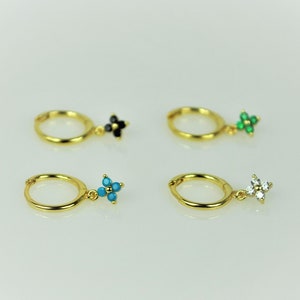 Dainty Gold Four Leaf Clover Flower Earrings • Floral Charm Huggie Hoop Earrings • Small Silver Cartilage Hoop