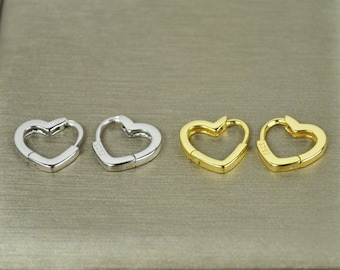 Small Sterling Silver Heart Huggie Hoop Earrings • Dainty Gold Heart Hoops • Valentines LOVE Earrings