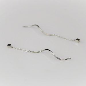 Sterling Silver Pull Through Threader Earrings • Geometric Square Stud Dangle Bar Earrings • Minimalist Chain Ear Threader
