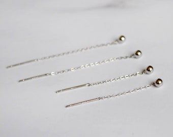 Sterling silver ball threader earrings. Long dangle chain earrings. Minimalist pull through ear threader. Dainty boho string earrings