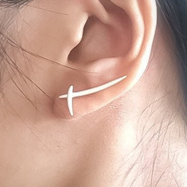 Sterling silver bar ear climber earrings, Minimalist gold bar ear climber, Dainty cross ear crawler earrings, Modern ear wrap