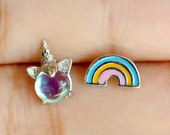Mismatched rainbow and unicorn earrings, Dainty sterling silver earrings studs, Cute childrens jewelry, Sister kawaii birthday gift