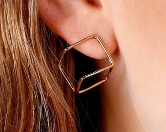 Gold stud statement earrings. Simple sterling silver square earrings. Minimalist cube earrings.  Geometric edgy earrings. Unique gift