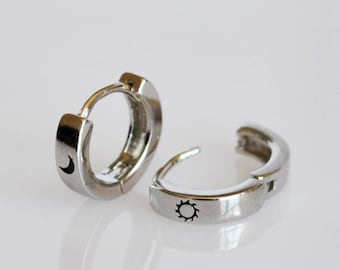 Mismatched silver huggie hoop earrings. Tiny cartilage hoop earrings. Minimalist sun and moon earrings. Mens steampunk hoop earrings