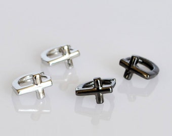 Sterling silver cross huggie hoop earrings. Tiny black hoop earrings. Minimalist mens cross earrings